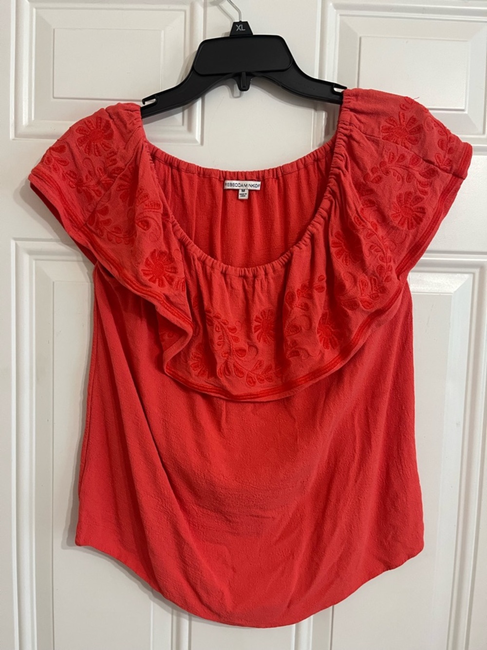 Rebecca Minkoff Celestine Top Off The Shoulder Embroidered Coral Red Women’s M‎